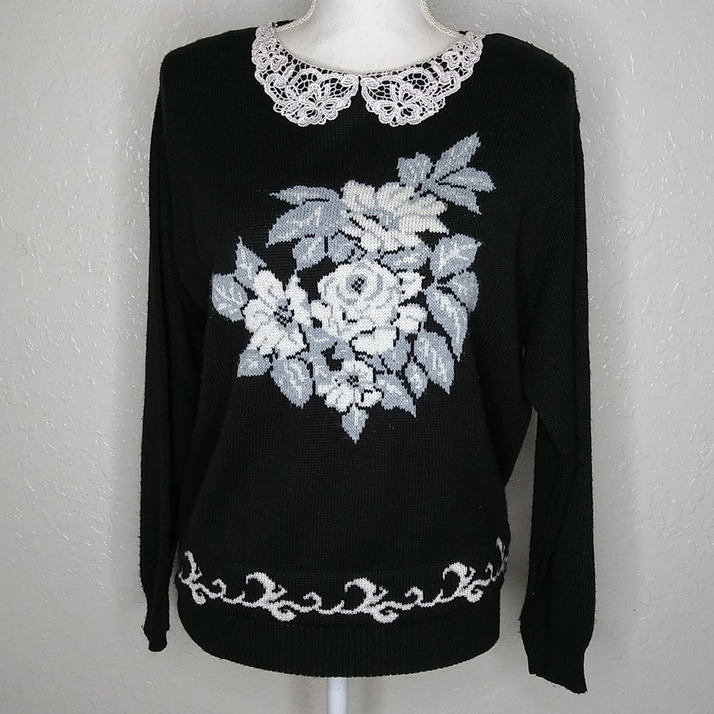 Cricket Lane Vintage lace collar black sweater